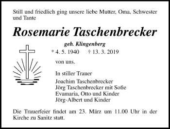 Traueranzeige von Rosemarie Taschenbrecker von Ostsee-Zeitung GmbH