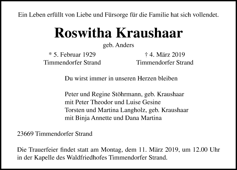  Traueranzeige für Roswitha Kraushaar vom 08.03.2019 aus Lübecker Nachrichten