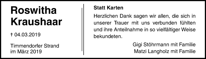  Traueranzeige für Roswitha Kraushaar vom 17.03.2019 aus Lübecker Nachrichten
