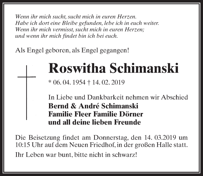  Traueranzeige für Roswitha Schimanski vom 23.02.2019 aus Märkischen Allgemeine Zeitung