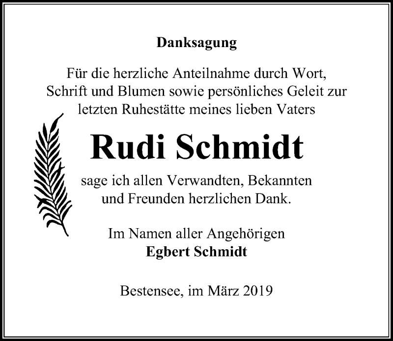  Traueranzeige für Rudi Schmidt vom 30.03.2019 aus Märkischen Allgemeine Zeitung