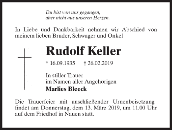 Traueranzeige von Rudolf Keller von Märkischen Allgemeine Zeitung