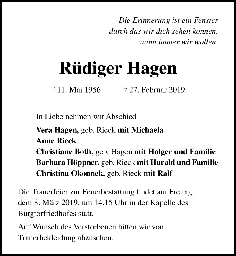  Traueranzeige für Rüdiger Hagen vom 03.03.2019 aus Lübecker Nachrichten