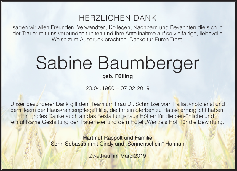  Traueranzeige für Sabine Baumberger vom 16.03.2019 aus Torgauer Zeitung