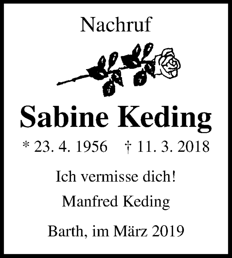 Traueranzeige für Sabine Keding vom 09.03.2019 aus Ostsee-Zeitung GmbH