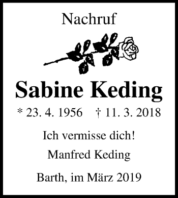 Traueranzeige von Sabine Keding von Ostsee-Zeitung GmbH