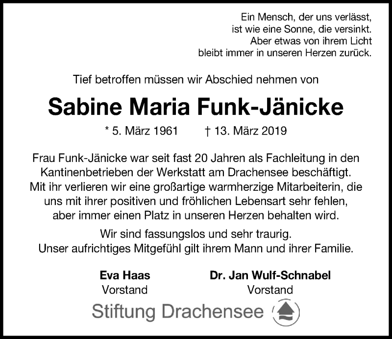  Traueranzeige für Sabine Maria Funk-Jänicke vom 16.03.2019 aus Kieler Nachrichten