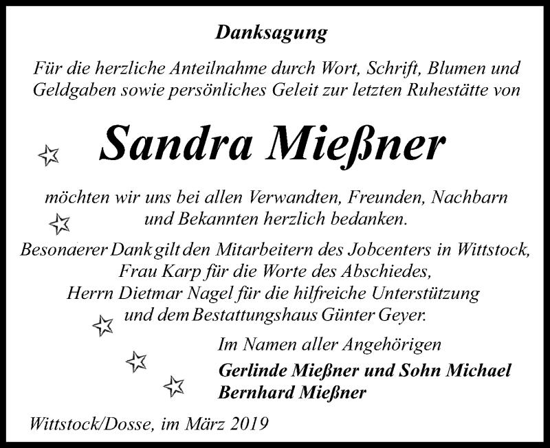  Traueranzeige für Sandra Mießner vom 16.03.2019 aus Märkischen Allgemeine Zeitung