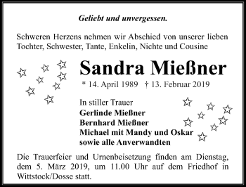 Traueranzeige von Sandra Mießner von Märkischen Allgemeine Zeitung