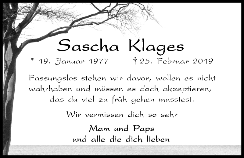 Traueranzeige für Sascha Klages vom 30.03.2019 aus Kieler Nachrichten