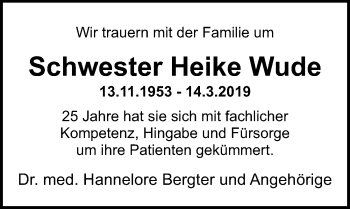 Traueranzeige von Schwester Heike Wude von Ostsee-Zeitung GmbH