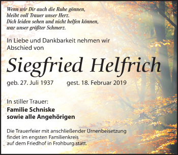 Traueranzeige von Siebried Helfrich von Leipziger Volkszeitung