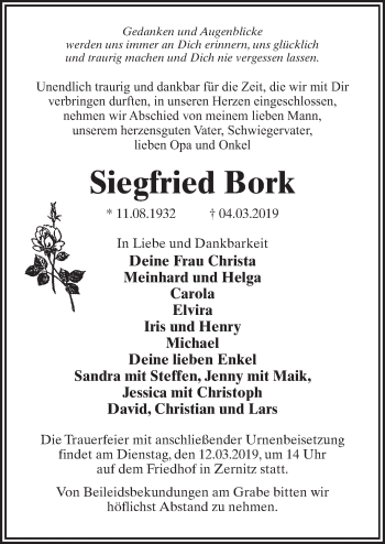 Traueranzeige von Siegfried Bork von Märkischen Allgemeine Zeitung