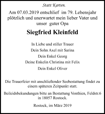 Traueranzeige von Siegfried Kleinfeld von Ostsee-Zeitung GmbH