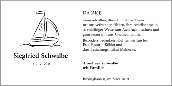 Traueranzeige von Siegfried Schwalbe von Hannoversche Allgemeine Zeitung/Neue Presse