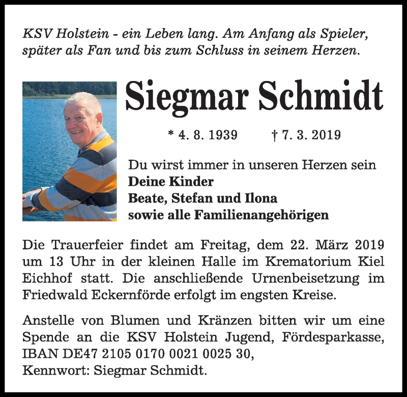  Traueranzeige für Siegmar Schmidt vom 16.03.2019 aus Kieler Nachrichten