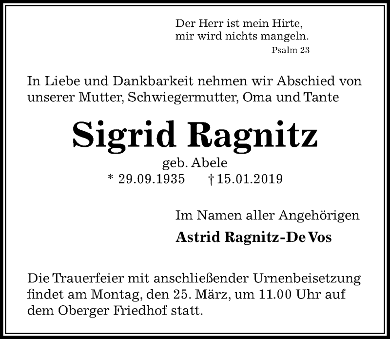  Traueranzeige für Sigrid Ragnitz vom 18.03.2019 aus Peiner Allgemeine Zeitung