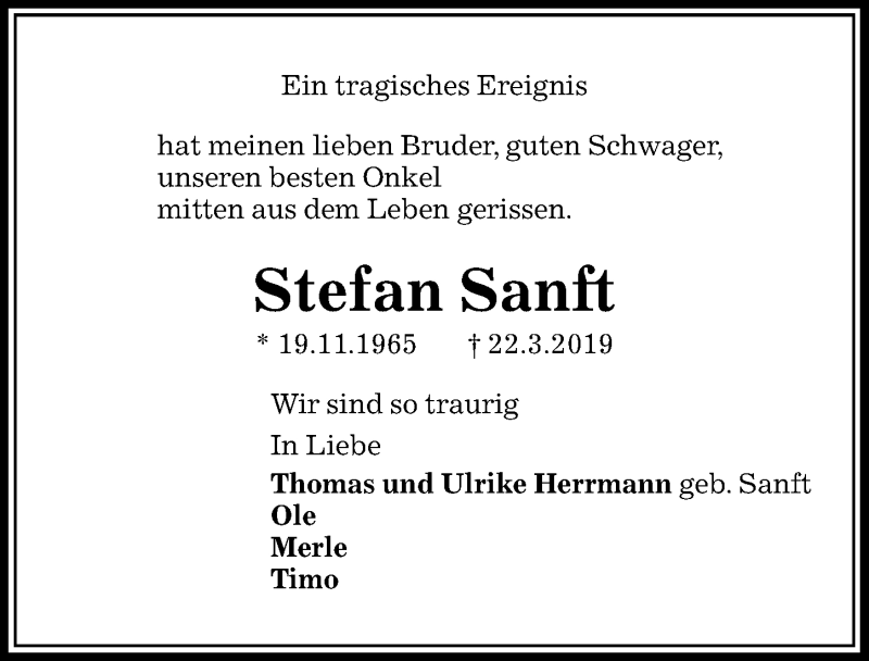  Traueranzeige für Stefan Sanft vom 27.03.2019 aus Aller Zeitung