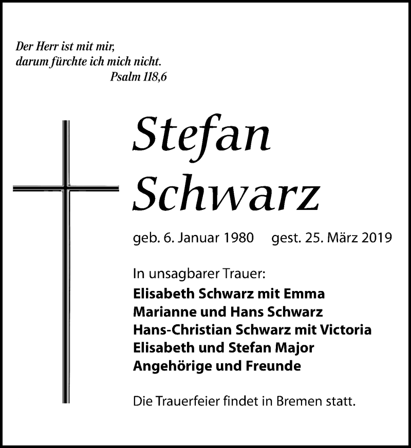  Traueranzeige für Stefan Schwarz vom 30.03.2019 aus Leipziger Volkszeitung