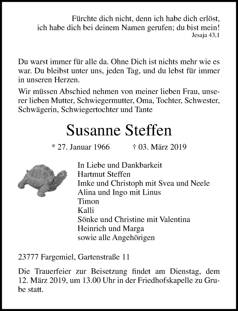  Traueranzeige für Susanne Steffen vom 07.03.2019 aus Lübecker Nachrichten