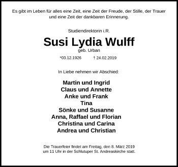Traueranzeige von Susi Lydia Wulff von Lübecker Nachrichten