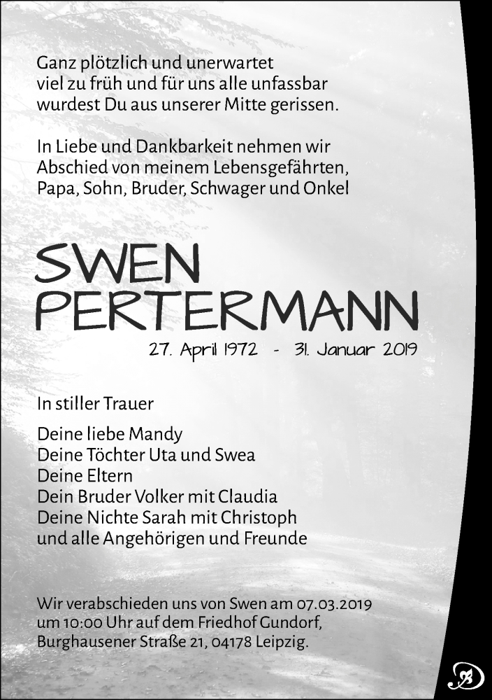  Traueranzeige für Swen Pertermann vom 23.02.2019 aus Leipziger Volkszeitung
