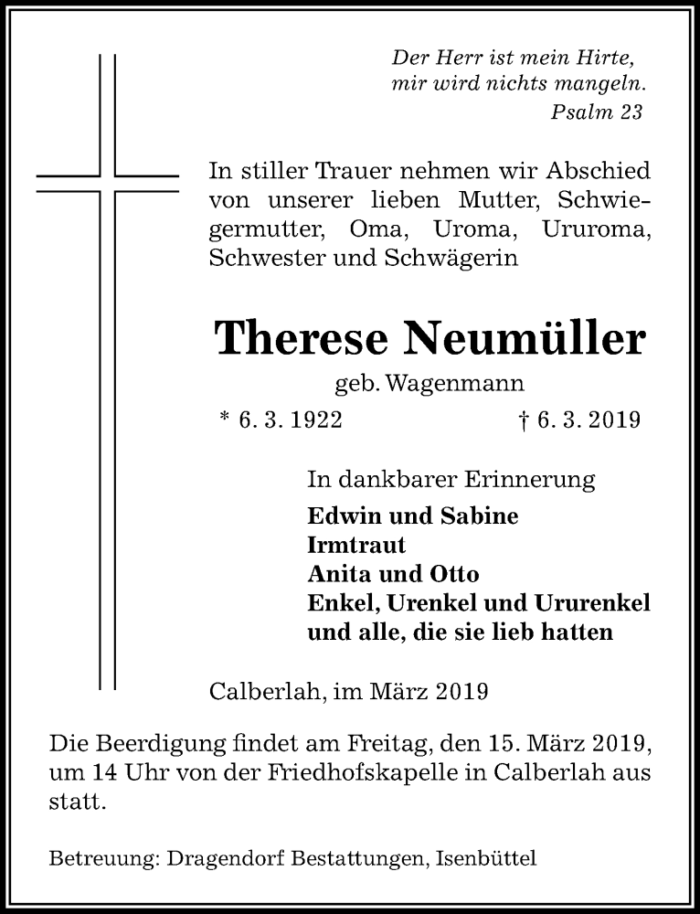  Traueranzeige für Therese Neumüller vom 09.03.2019 aus Aller Zeitung