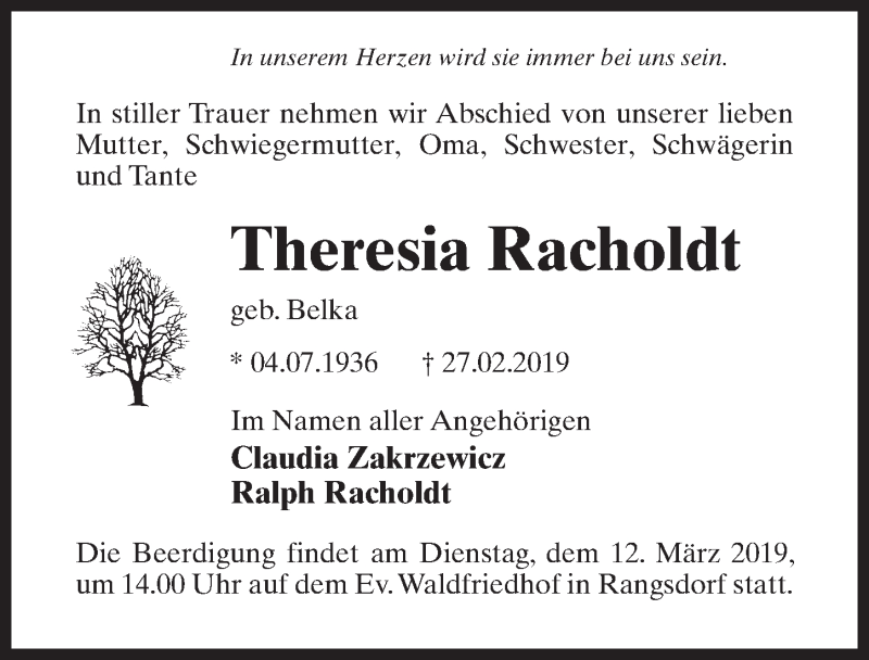  Traueranzeige für Theresia Racholdt vom 07.03.2019 aus Märkischen Allgemeine Zeitung