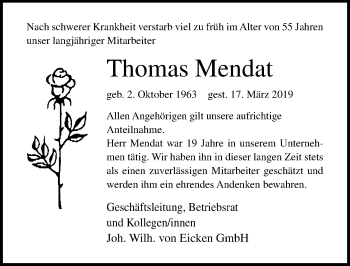 Traueranzeige von Thomas Mendat von Lübecker Nachrichten