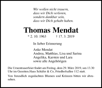Traueranzeige von Thomas Mendat von Lübecker Nachrichten