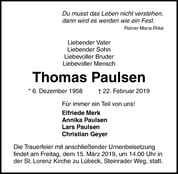 Traueranzeige von Thomas Paulsen von Lübecker Nachrichten
