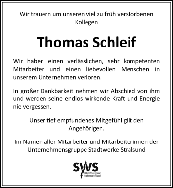 Traueranzeige von Thomas Schleif von Ostsee-Zeitung GmbH