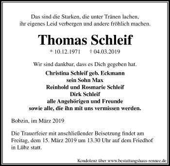 Traueranzeige von Thomas Schleif von Ostsee-Zeitung GmbH