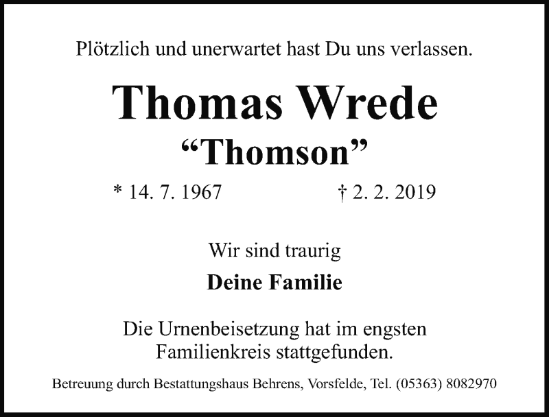  Traueranzeige für Thomas Wrede vom 19.02.2019 aus Aller Zeitung