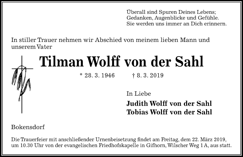  Traueranzeige für Tilman Wolff von der Sahl vom 13.03.2019 aus Aller Zeitung