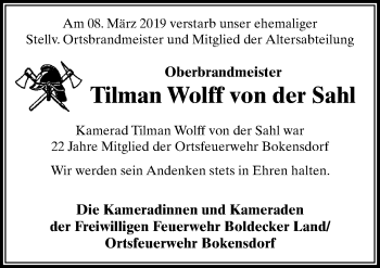 Traueranzeige von Tilman Wolff von der Sahl von Aller Zeitung