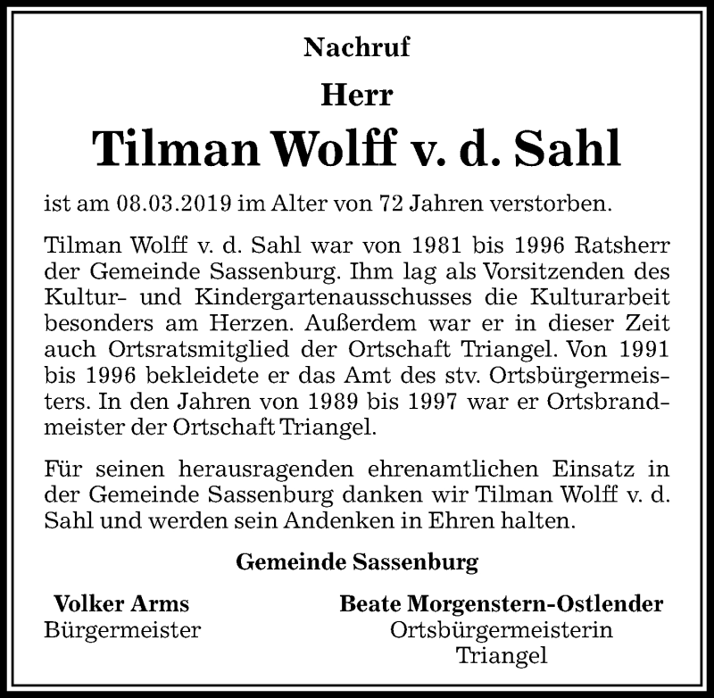  Traueranzeige für Tilman Wolff von der Sahl vom 15.03.2019 aus Aller Zeitung