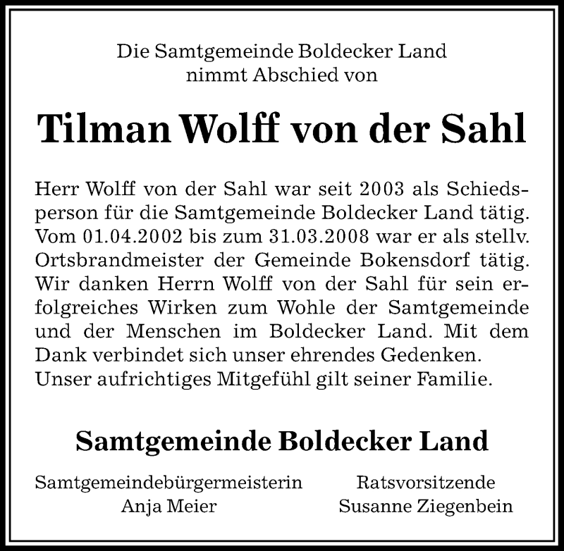  Traueranzeige für Tilman Wolff von der Sahl vom 16.03.2019 aus Aller Zeitung