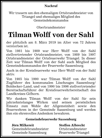 Traueranzeige von Tilman Wolff von der Sahl von Aller Zeitung