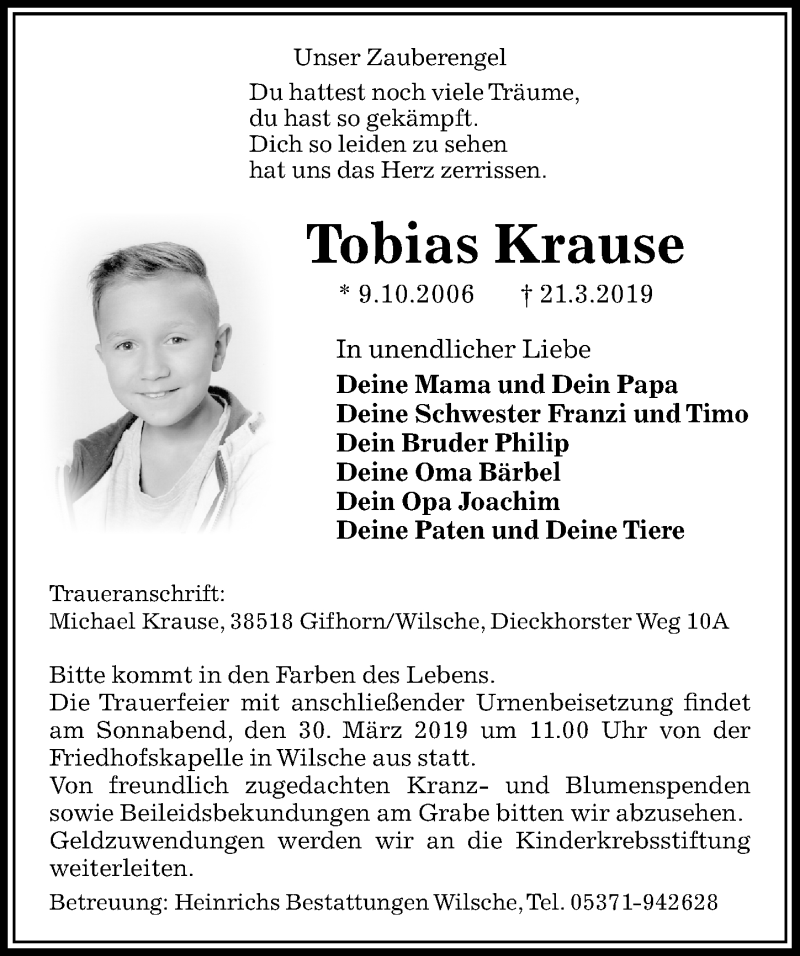  Traueranzeige für Tobias Krause vom 26.03.2019 aus Aller Zeitung