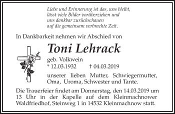 Traueranzeige von Toni Lehrack von Märkischen Allgemeine Zeitung