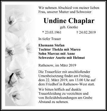 Traueranzeige von Undine Chaplar von Märkischen Allgemeine Zeitung