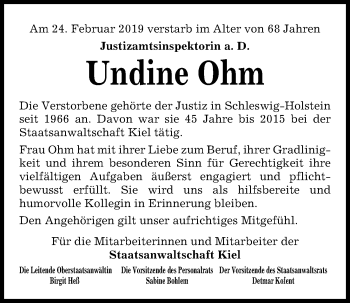 Traueranzeige von Undine Ohm von Kieler Nachrichten