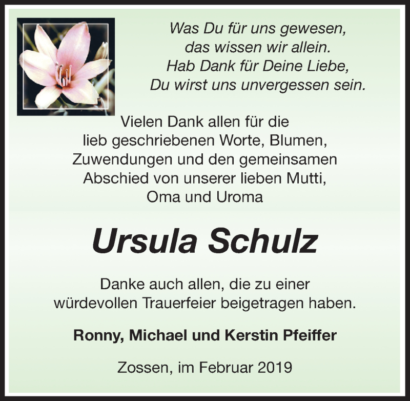  Traueranzeige für Ursula Schulz vom 02.03.2019 aus Märkischen Allgemeine Zeitung