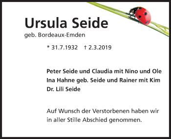 Traueranzeige von Ursula Seide von Hannoversche Allgemeine Zeitung/Neue Presse