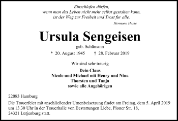 Traueranzeige von Ursula Sengeisen von Kieler Nachrichten