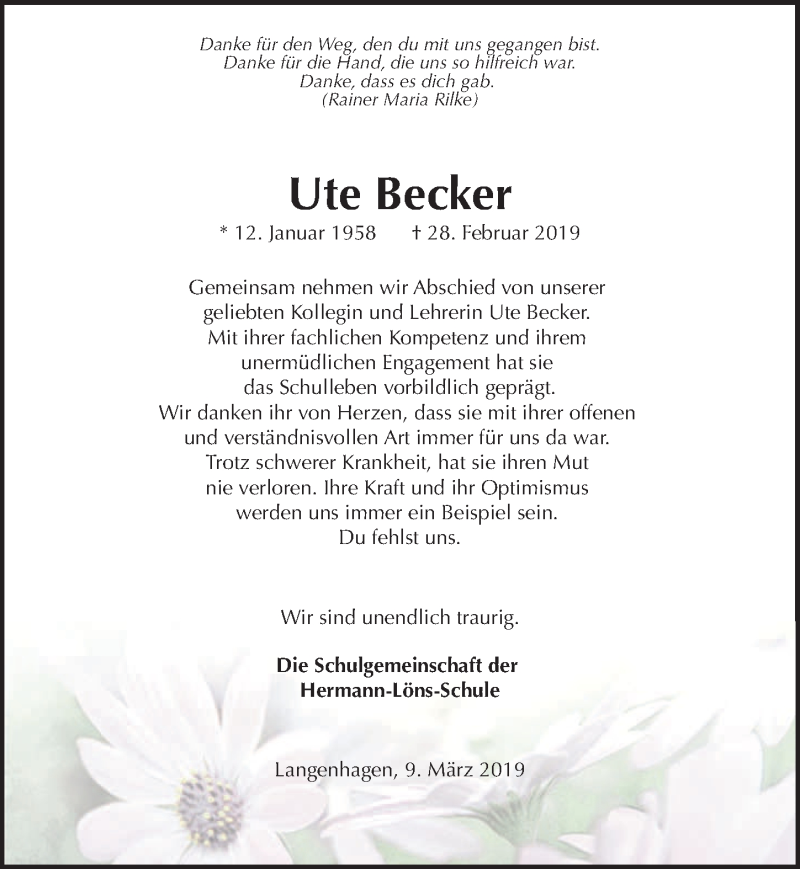  Traueranzeige für Ute Becker vom 09.03.2019 aus Hannoversche Allgemeine Zeitung/Neue Presse
