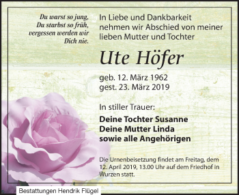 Traueranzeige von Ute Höfer von Leipziger Volkszeitung