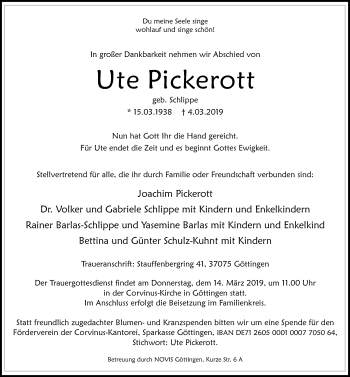 Traueranzeige von Ute Pickerott von Göttinger Tageblatt