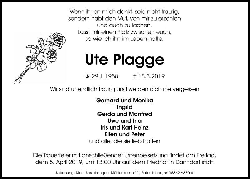  Traueranzeige für Ute Plagge vom 27.03.2019 aus Aller Zeitung